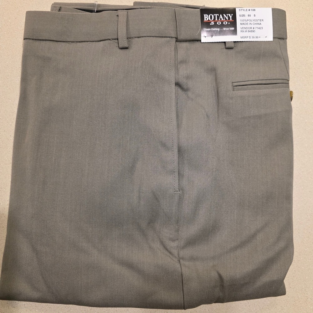 Dress Pants Men 50"x28" Short Grey Flat Front Polyester Trousers Botany 500, NWT